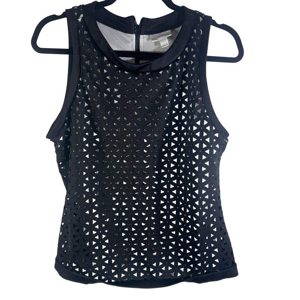 Bisou Bisou Black Laser Cut Sleeveless Blouse Top Lined Women's Large L